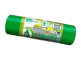 Мешки для мусора 300 л, зеленые, в рулоне 10 шт., ПВД 70 мкм, 1400х1000 мм, PREMIUM+, 300101601 в Дмитрове